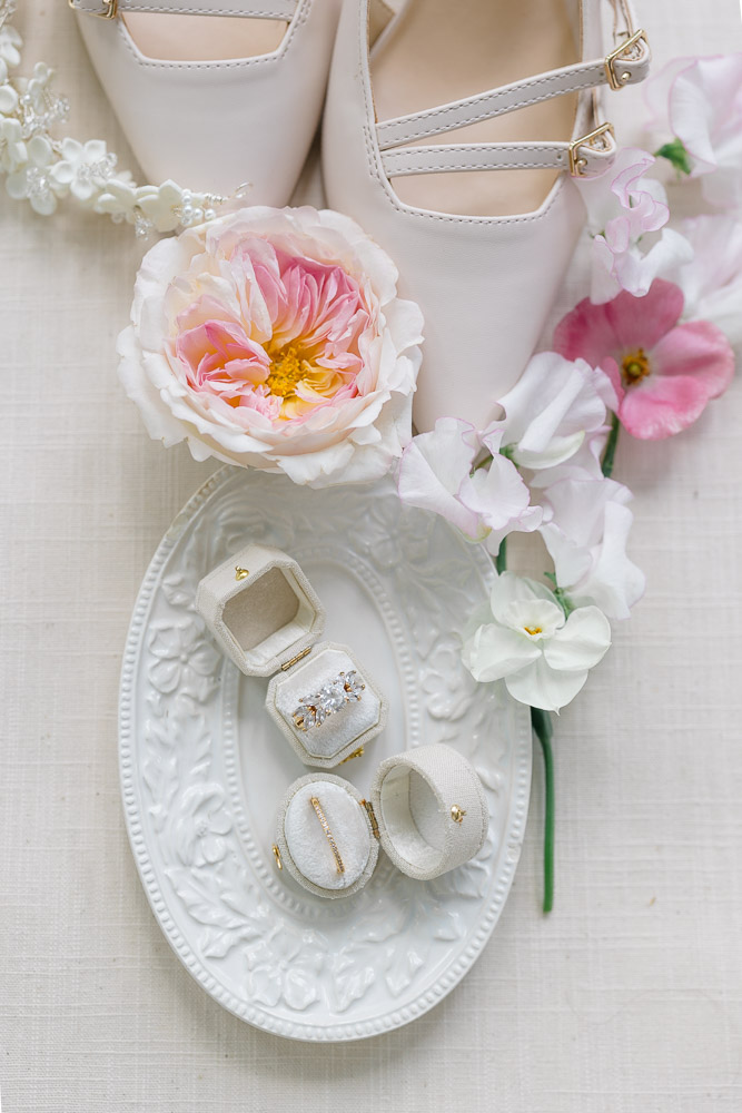 Newport RI Wedding Photographers and Wedding Videographer | Serving CT, RI, and New England Areas | Flat lay of white and pink colors