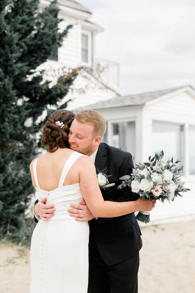 First look moment during an elegant estate wedding in Newport, Rhode Island